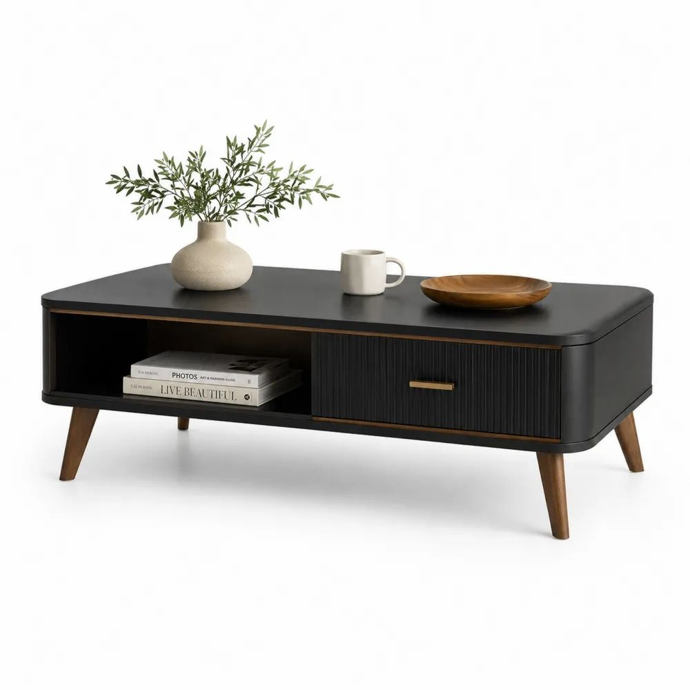 Table basse rectangulaire en bois et métal noir avec tiroir, niche ouverte et pieds bruns, 110 × 55 × 45 cm