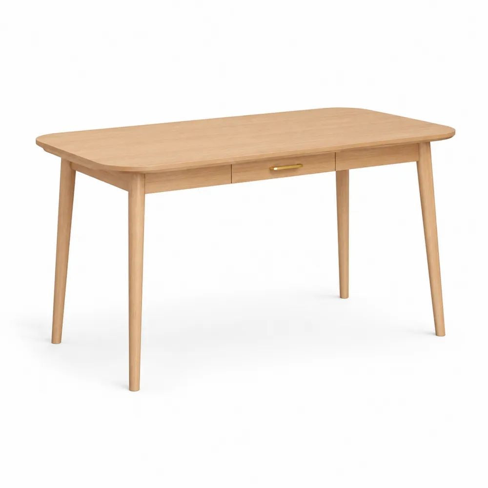 Table à manger rectangulaire 4 places en bois et métal avec tiroir, chêne naturel et laiton, 120 × 70 × 75 cm