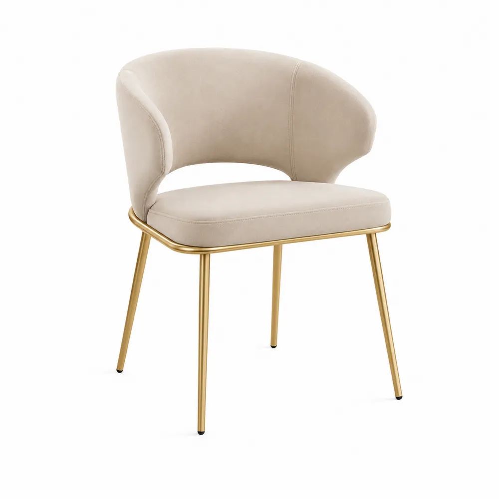 Chaise en velours beige avec dossier incurvé, accoudoirs et structure en acier doré, 58 x 57 x 78 cm