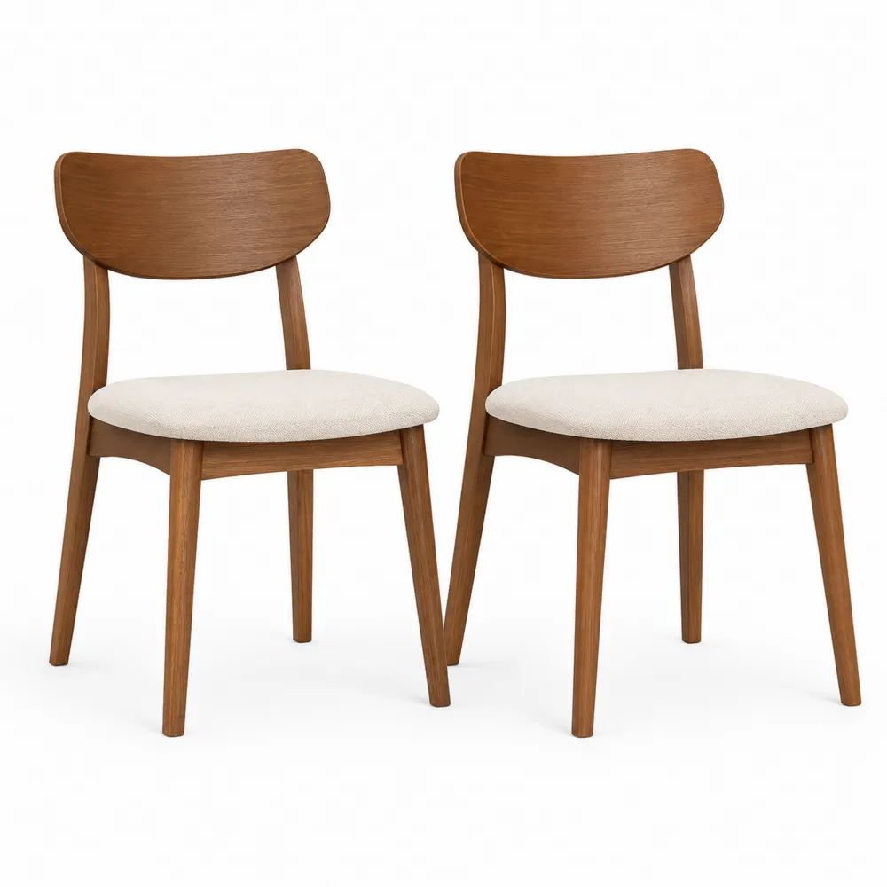 Lot de 2 chaises en hévéa massif brun avec assise rembourrée beige et dossier incurvé, 50 x 52 x 78 cm