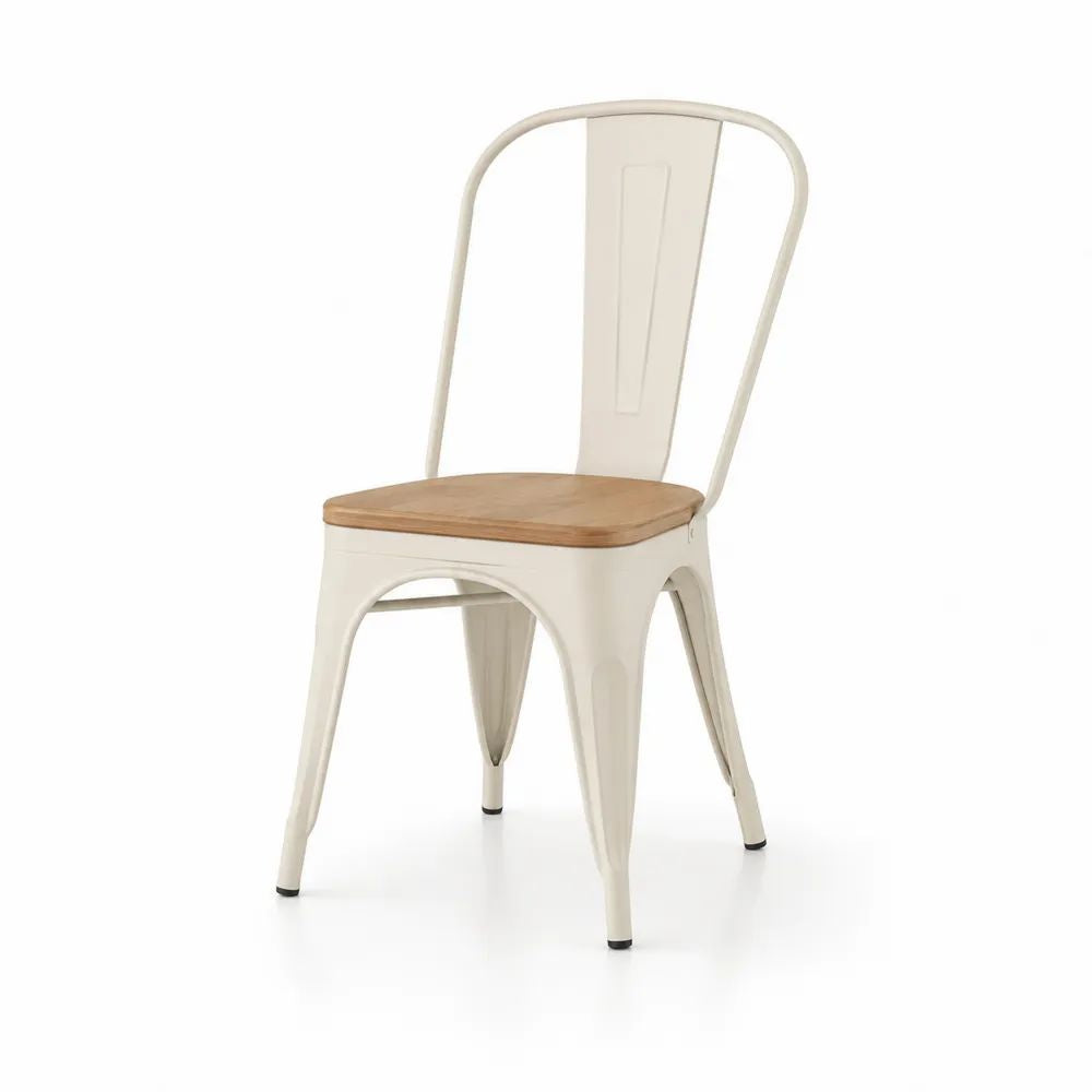 Chaise de salle à manger à dossier arrondi en acier et bois, blanc cassé et bois naturel, 44 × 50 × 85 cm