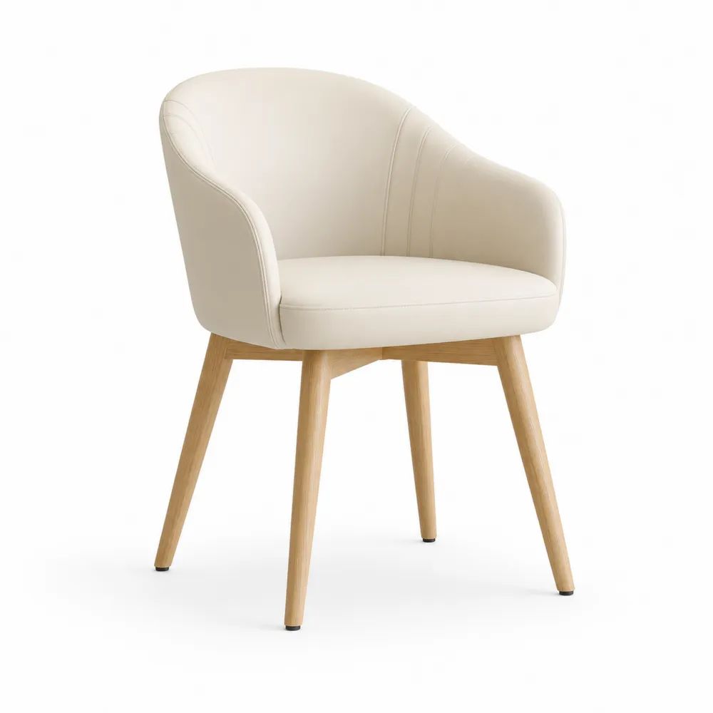 Chaise de salle à manger avec accoudoirs et dossier arrondi, similicuir blanc cassé et pieds en bois naturel, 58 × 59 × 80 cm