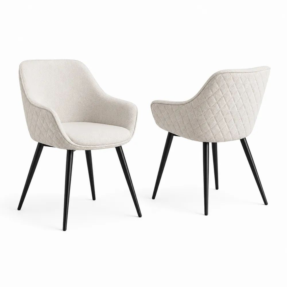 Lot de 2 chaises de salle à manger avec accoudoirs en tissu bouclé blanc cassé, dossier incurvé et pieds en acier noir, 59 × 60 × 82 cm
