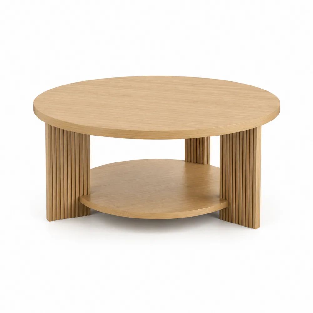 Table basse ronde en bois avec étagère, chêne naturel, 80 × 80 × 45 cm