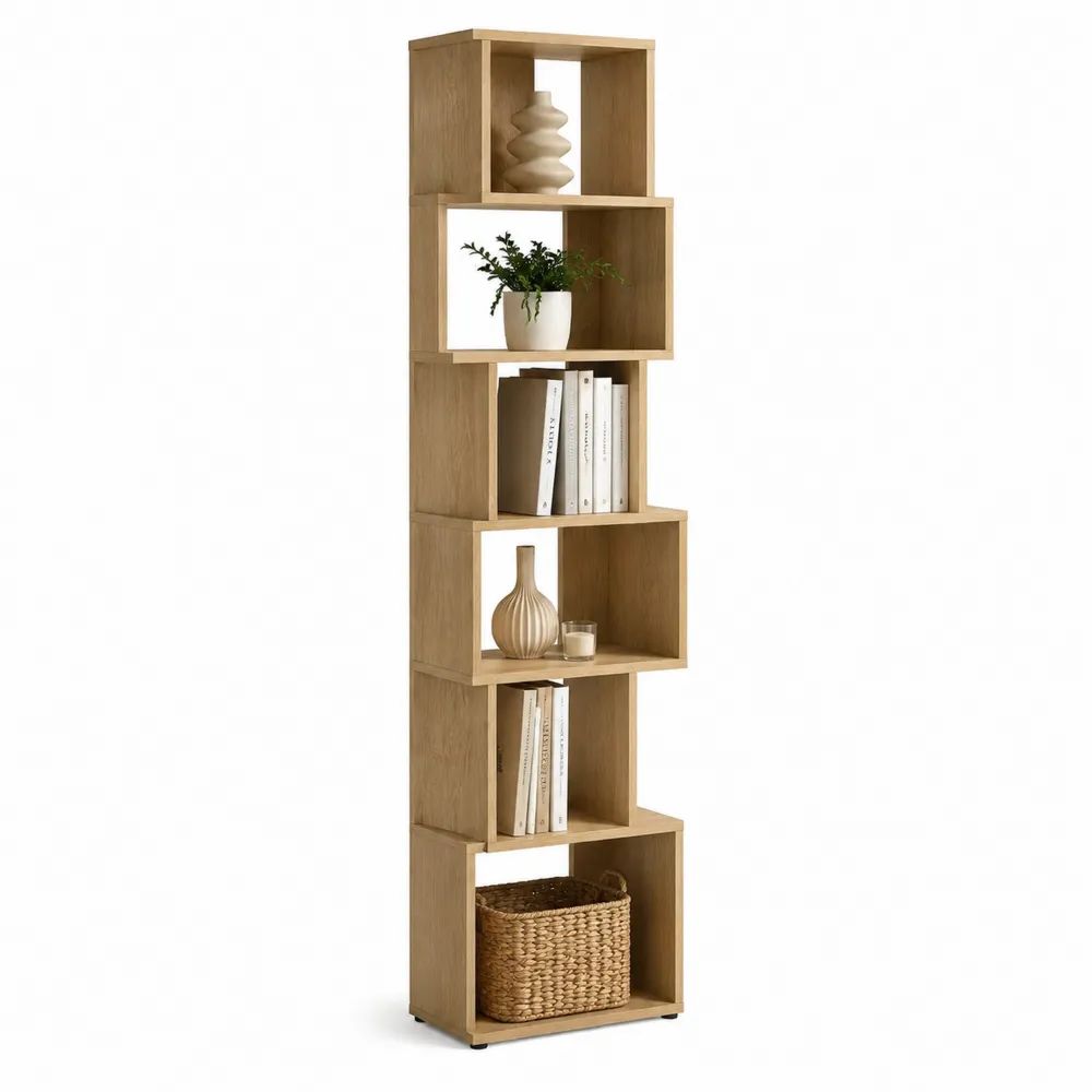 Bibliothèque colonne en bois à 6 niches décalées, chêne naturel, 50 × 24 × 180 cm