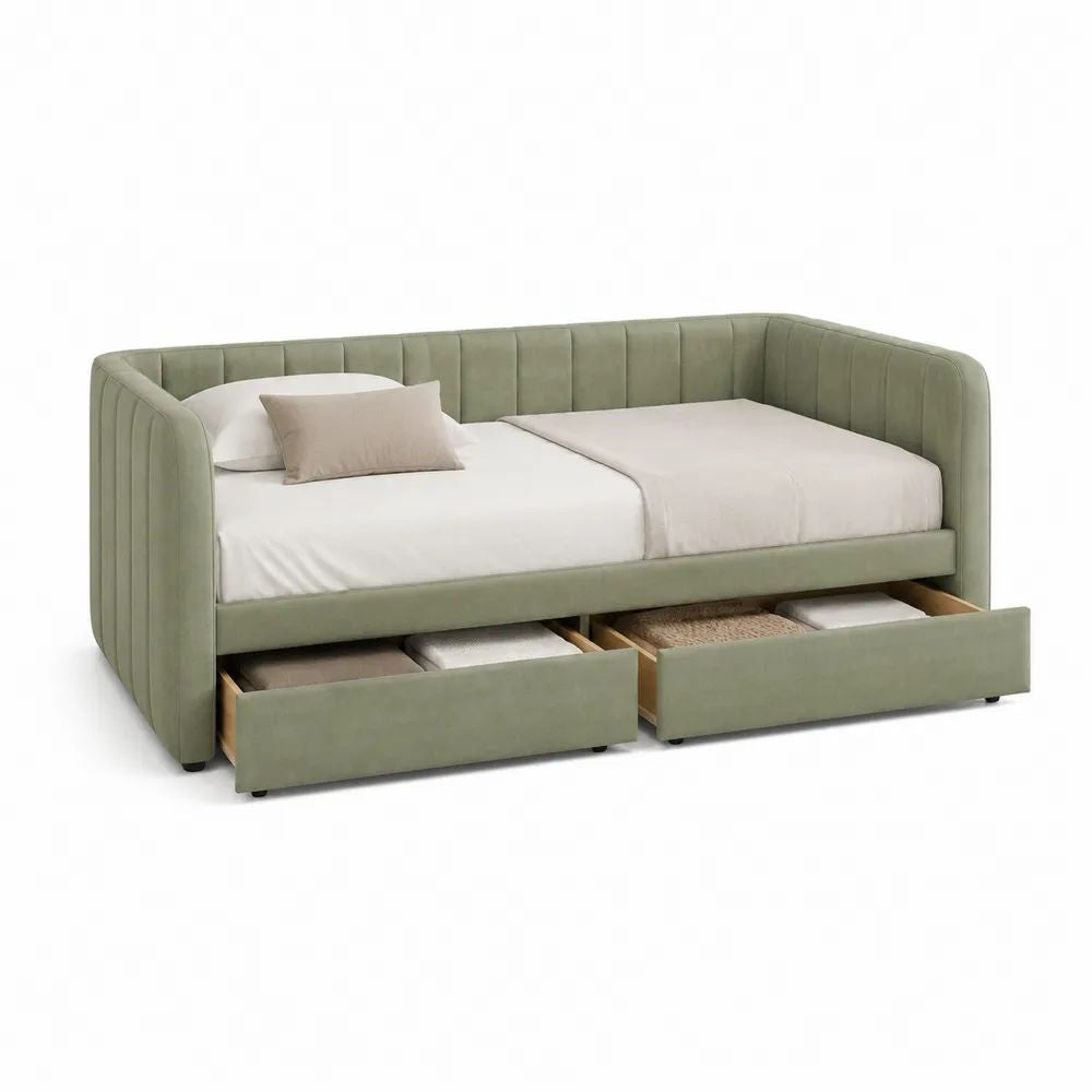 Lit banquette 90 x 200 cm avec 2 tiroirs en velours polyester vert sauge, 212 x 101 x 86 cm