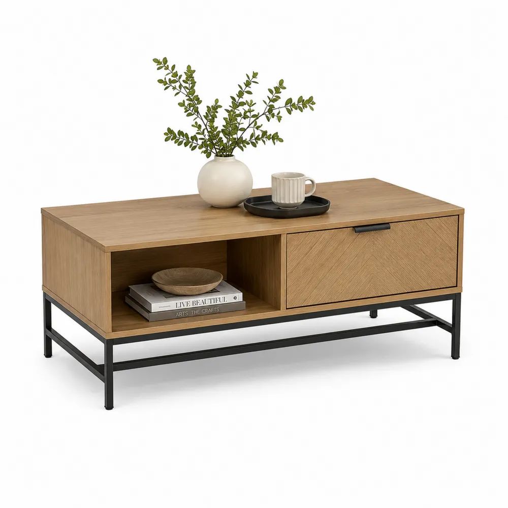 Table basse rectangulaire avec rangement en panneaux mélaminés effet chêne naturel et métal noir, 100 × 50 × 45 cm