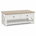 Table basse rectangulaire en MDF blanc et effet chêne clair avec 2 tiroirs et tablette, 100 × 55 × 50 cm
