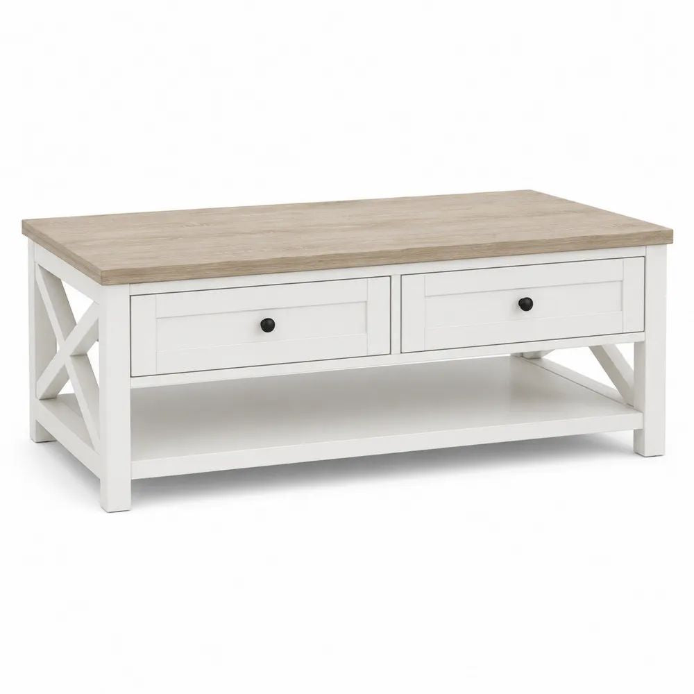 Table basse rectangulaire en MDF blanc et effet chêne clair avec 2 tiroirs et tablette, 100 × 55 × 50 cm