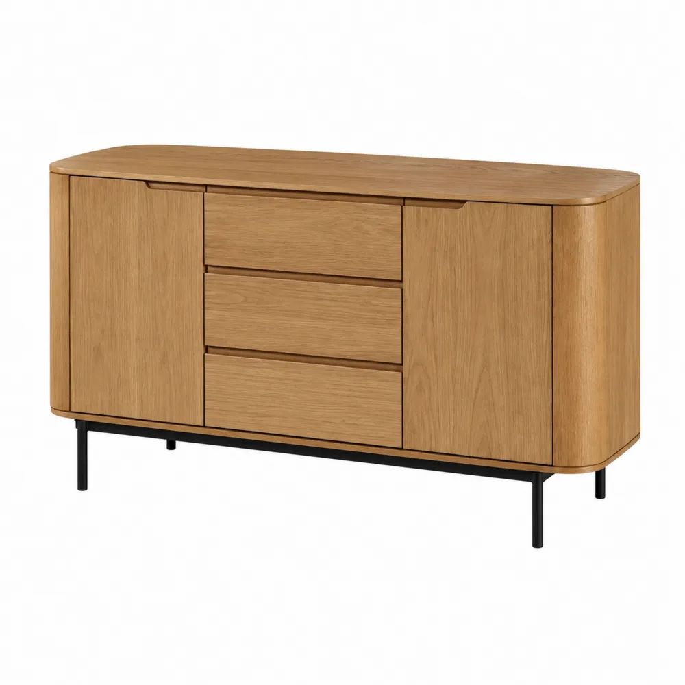 Buffet bas en bois et métal à 2 portes et 3 tiroirs, chêne naturel et noir, 140 x 40 x 80 cm