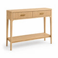 Console d’entrée rectangulaire en bois avec 2 tiroirs et étagère, chêne clair et laiton, 100 × 35 × 80 cm