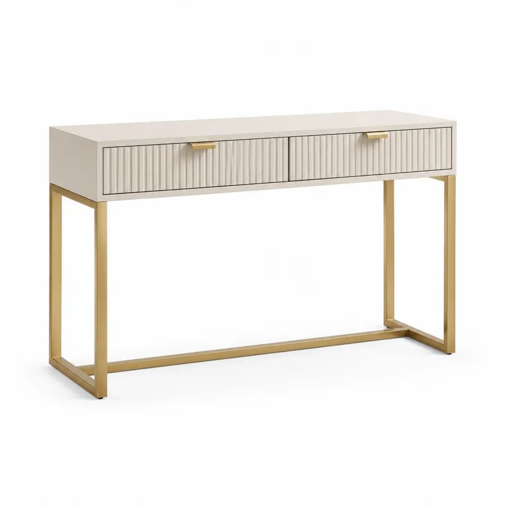 Console d’entrée rectangulaire en MDF et métal avec 2 tiroirs, beige et doré, 120 × 35 × 80 cm