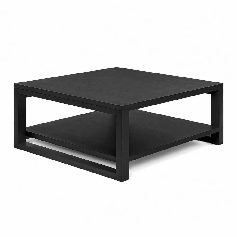 Table basse carrée en bois noir avec étagère, 80 × 80 × 40 cm