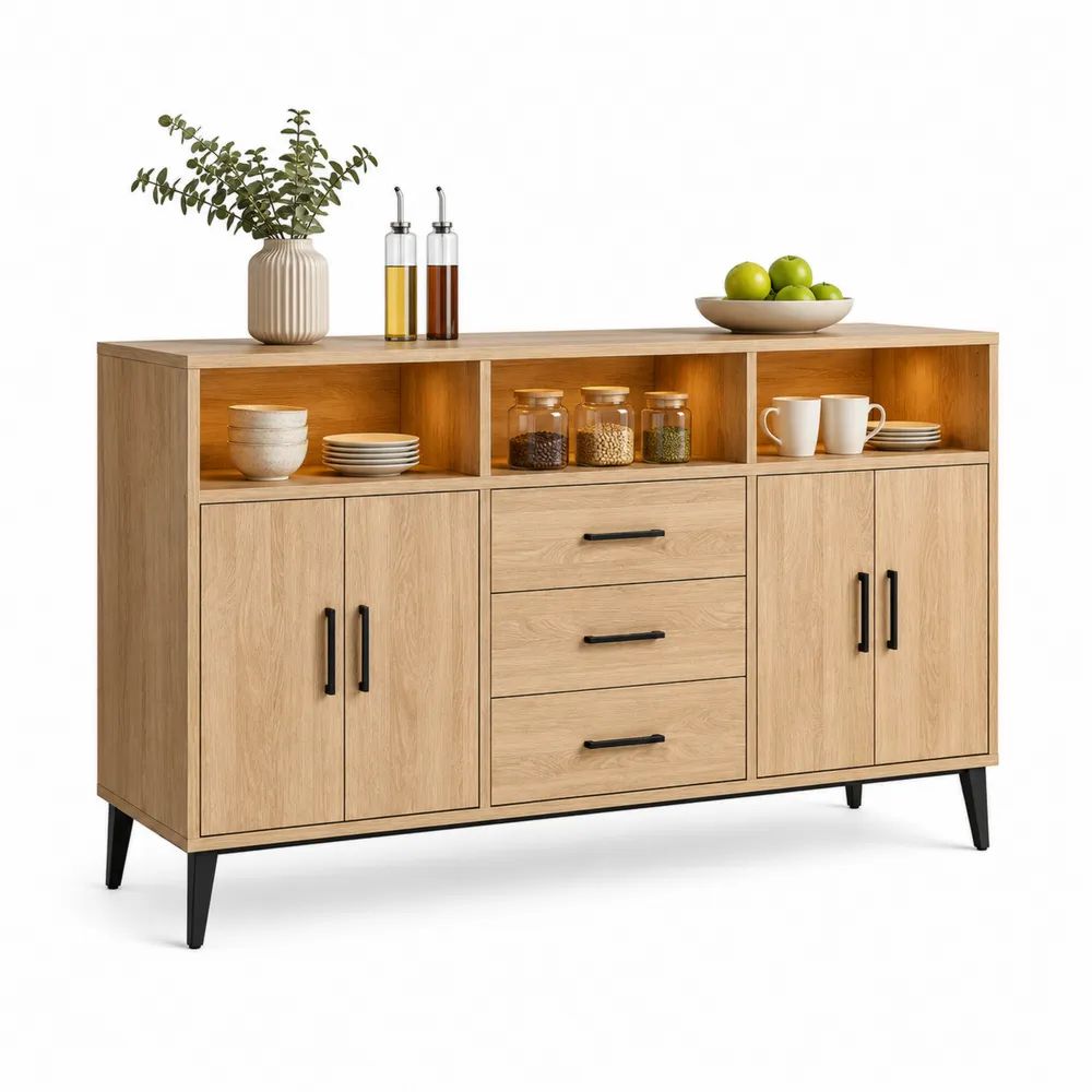 Buffet de cuisine rectangulaire en panneaux de particules et métal, 4 portes, 3 tiroirs et 3 niches, chêne naturel et noir, 160 x 40 x 90 cm