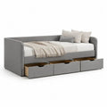 Lit banquette 1 place en tissu gris avec 3 tiroirs, pour matelas 90 x 200 cm, dimensions 212 x 98 x 80 cm