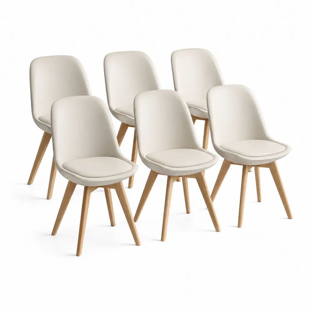 Lot de 6 chaises de salle à manger en similicuir PU crème avec pieds en bois, 48 × 55 × 84 cm