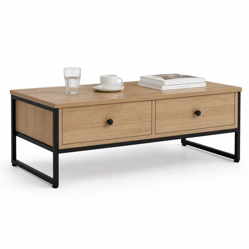 Table basse rectangulaire en bois et acier avec 2 tiroirs, chêne clair et noir, 100 × 50 × 45 cm