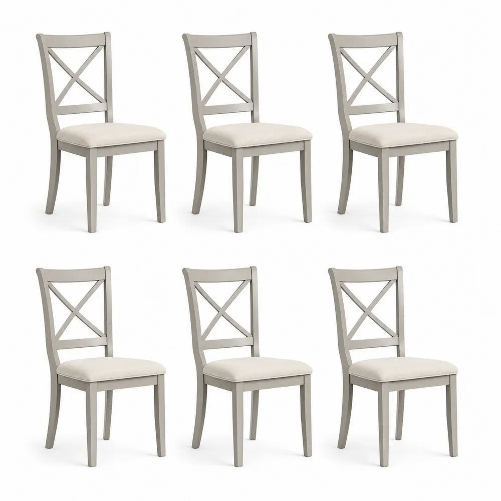 Lot de 6 chaises de salle à manger en bois gris clair avec assise rembourrée beige et dossier croisé, 46 × 52 × 96 cm