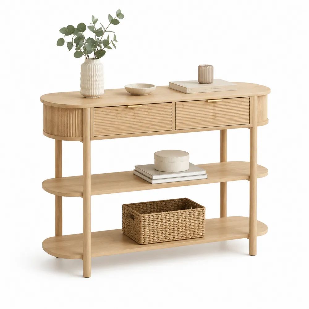 Console d’entrée à angles arrondis avec 2 tiroirs et 2 étagères en MDF plaqué chêne et hévéa massif, chêne clair, 120 × 35 × 90 cm