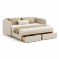 Banquette-lit 1 place en bois et tissu beige avec 2 tiroirs, couchage 90 × 200 cm, dimensions 212 × 101 × 86 cm