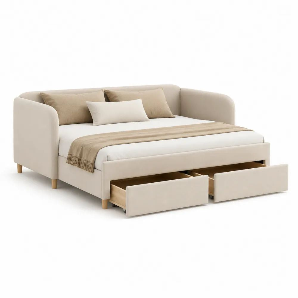 Banquette-lit 1 place en bois et tissu beige avec 2 tiroirs, couchage 90 × 200 cm, dimensions 212 × 101 × 86 cm