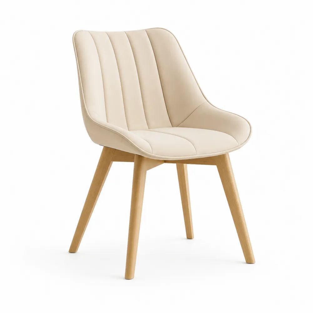 Chaise de salle à manger rembourrée en similicuir beige et bois clair, 56 × 61 × 82 cm