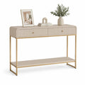 Console rectangulaire à 2 tiroirs et étagère en MDF et acier beige et doré, 100 × 30 × 80 cm