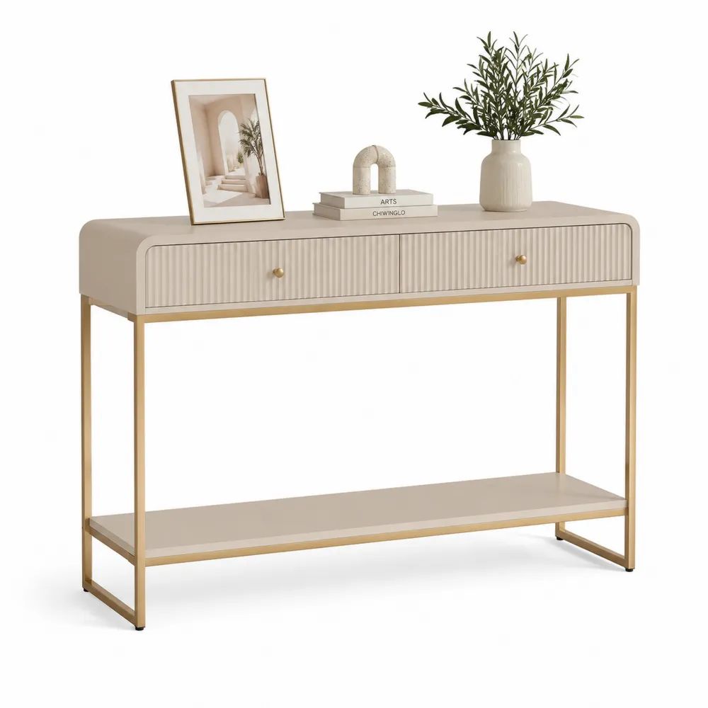 Console rectangulaire à 2 tiroirs et étagère en MDF et acier beige et doré, 100 × 30 × 80 cm