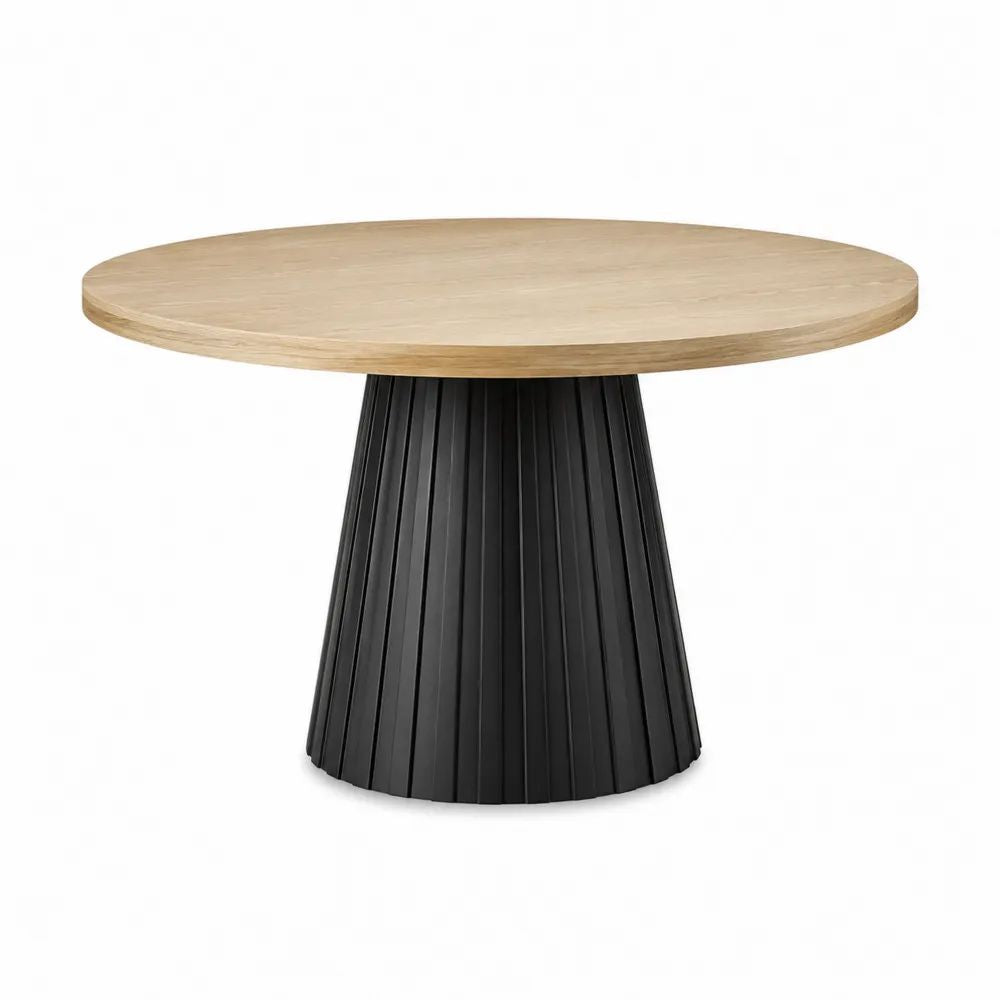 Table à manger ronde en bois avec plateau effet chêne naturel et pied central cannelé noir, 120 × 75 cm