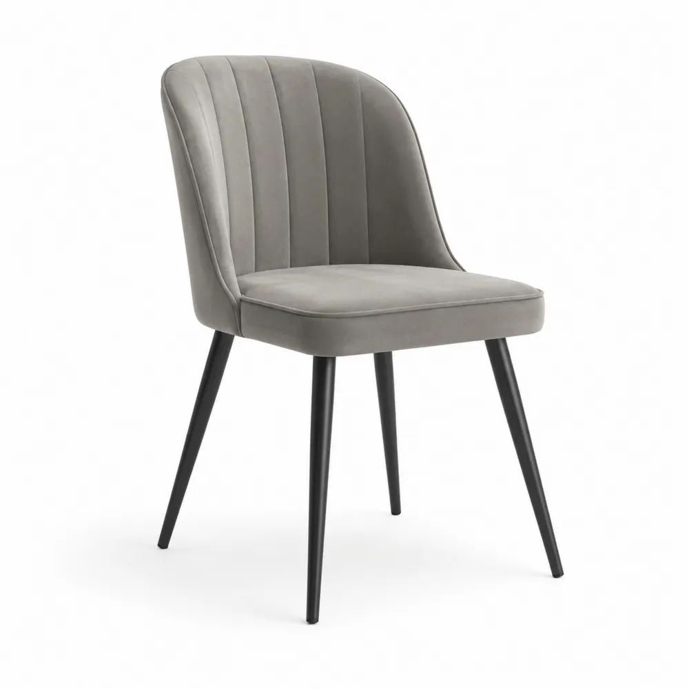 Chaise de salle à manger rembourrée en velours gris avec pieds en acier noir et dossier arrondi, 52 × 58 × 84 cm