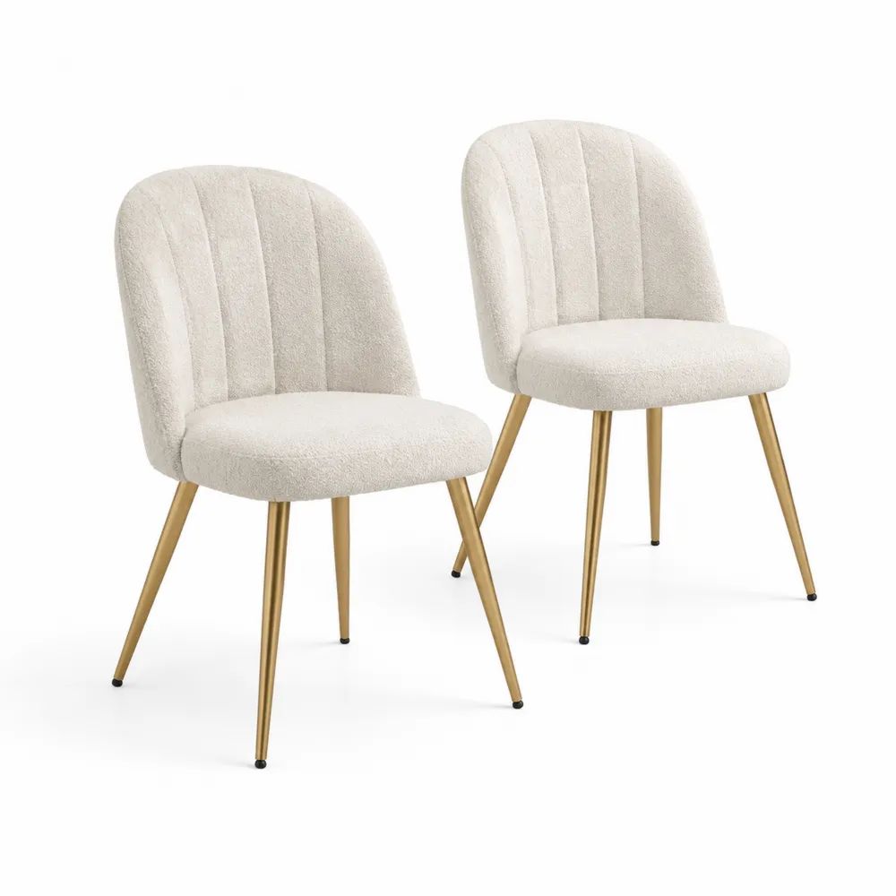 Lot de 2 chaises en tissu bouclette écru avec dossier arrondi et pieds en acier doré, 50 x 55 x 82 cm