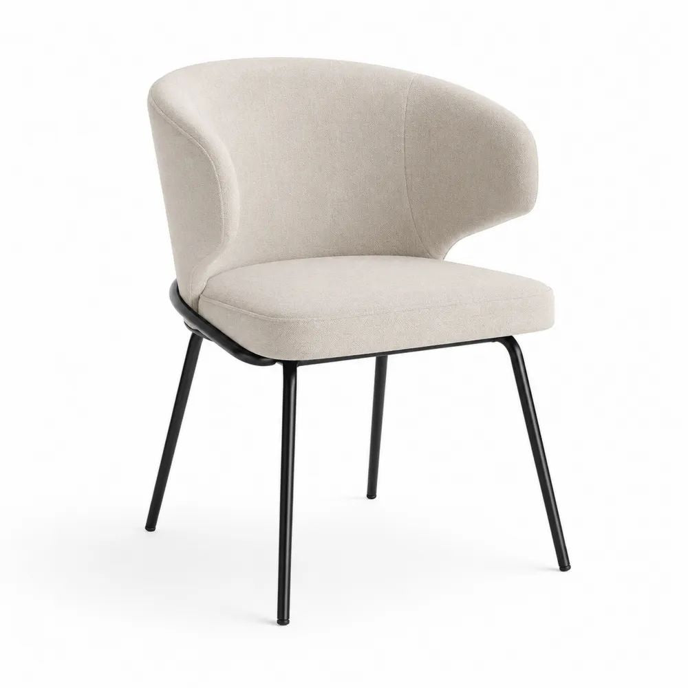 Chaise de salle à manger rembourrée en tissu bouclé beige avec dossier enveloppant et pieds en métal noir, 59 × 60 × 78 cm
