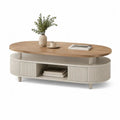 Table basse ovale avec rangement en MDF, beige et décor chêne brun clair, 120 × 60 × 45 cm