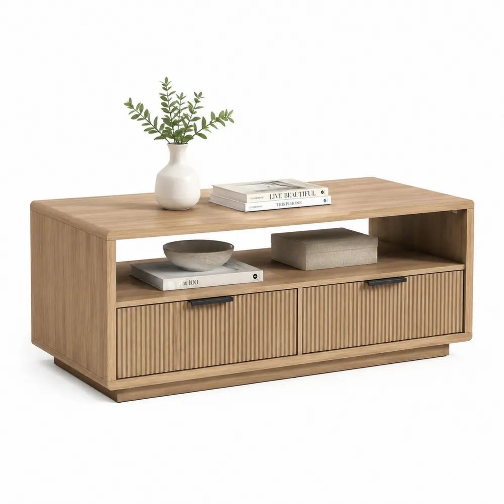 Table basse rectangulaire en MDF avec niche ouverte et 2 tiroirs, chêne naturel et noir, 110 × 55 × 45 cm