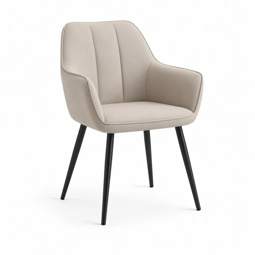 Chaise de salle à manger avec accoudoirs en velours beige et structure en métal noir, 58 x 60 x 83 cm