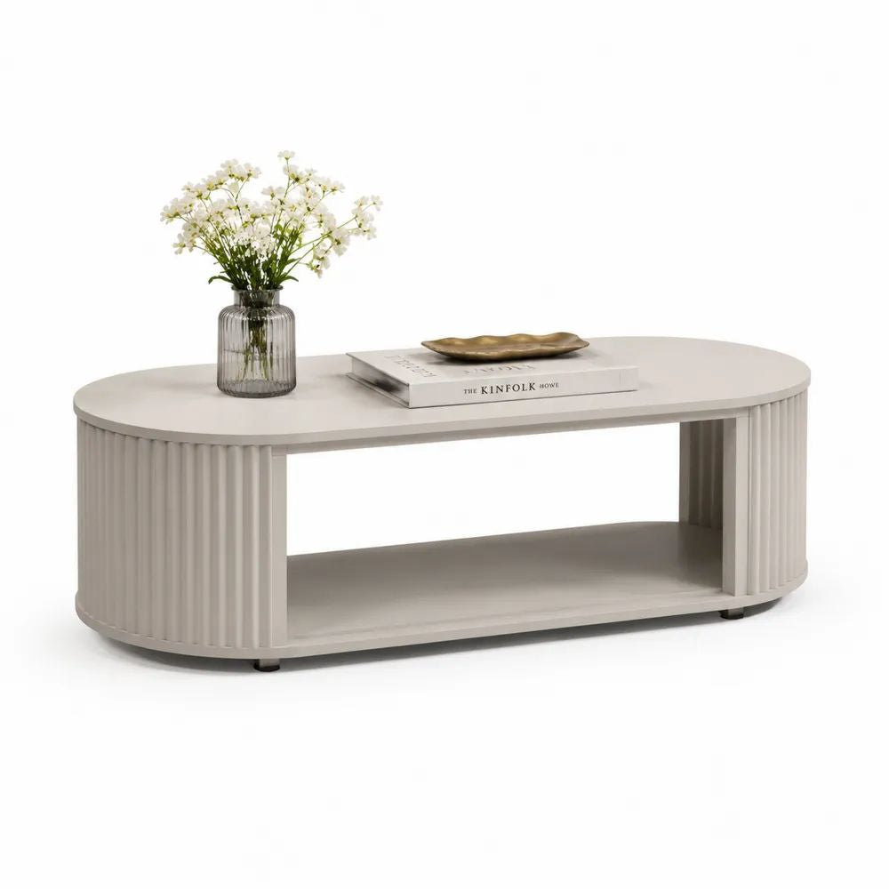Table basse ovale avec rangement en MDF rainuré grège 120 × 60 × 45 cm