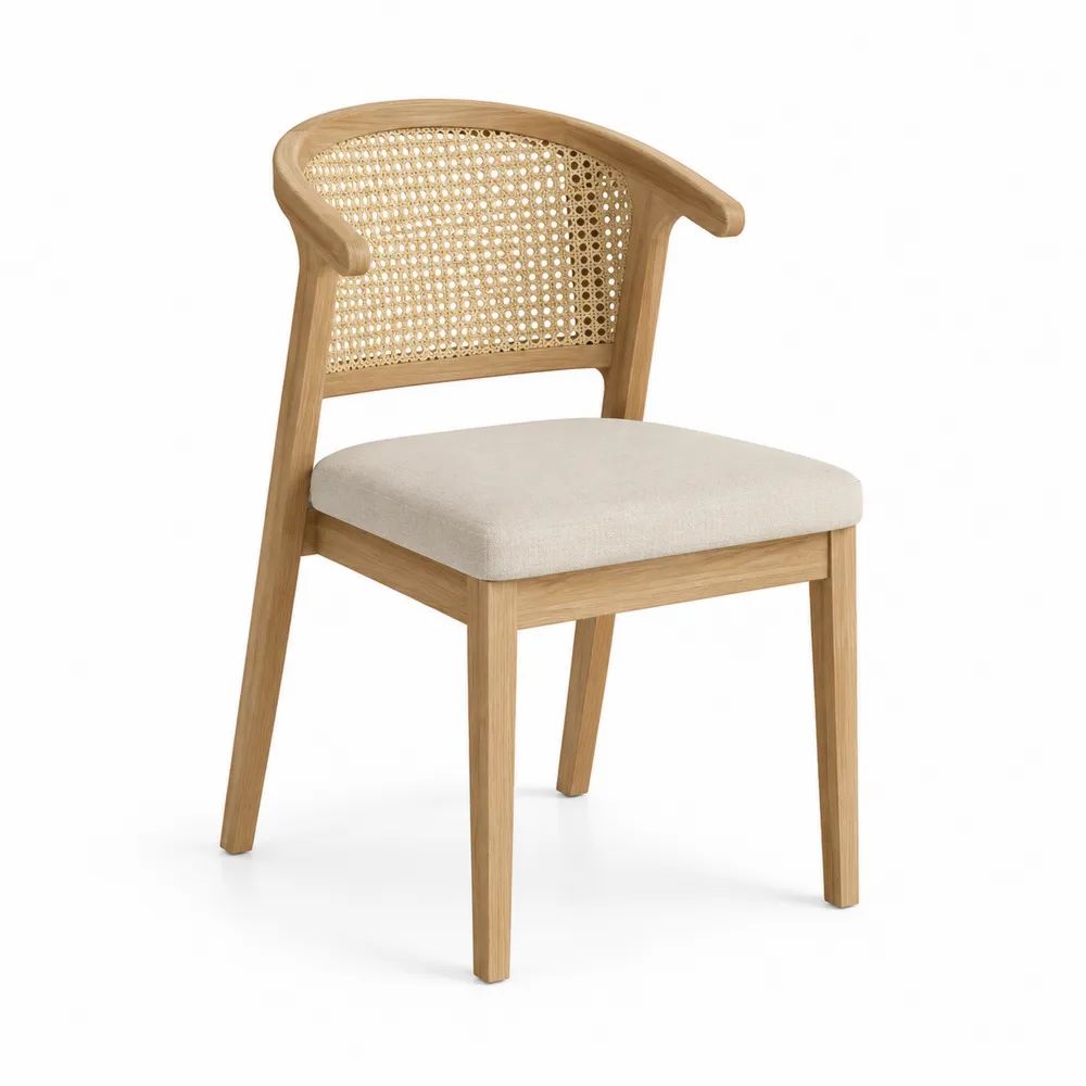 Chaise de salle à manger avec accoudoirs en hévéa massif, dossier en cannage de rotin et assise rembourrée beige, 57 × 55 × 78 cm