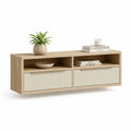 Meuble TV bas rectangulaire en panneaux de particules et MDF, 2 niches et 2 tiroirs, chêne clair et beige, 120 × 40 × 55 cm