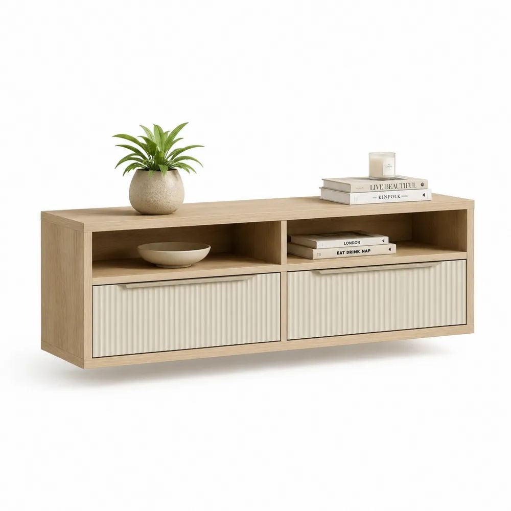 Meuble TV bas rectangulaire en panneaux de particules et MDF, 2 niches et 2 tiroirs, chêne clair et beige, 120 × 40 × 55 cm