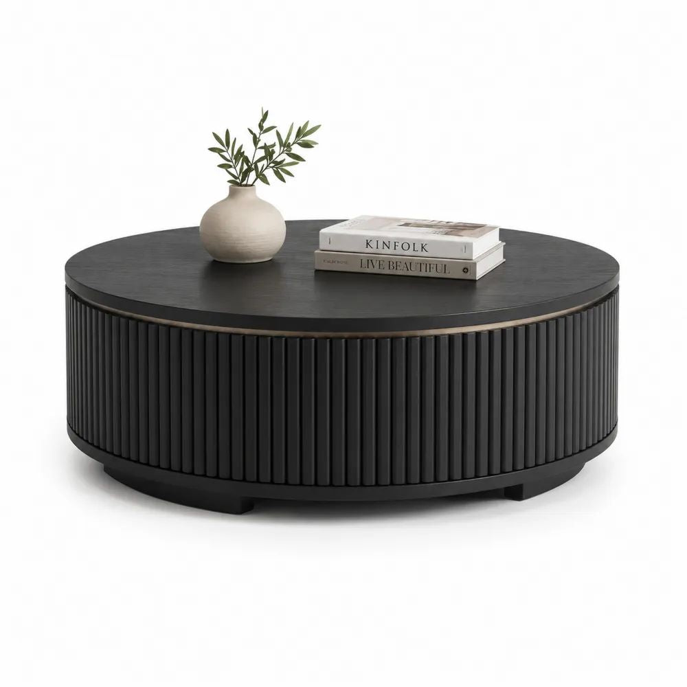 Table basse ronde en MDF plaqué frêne noir et acier finition bronze, 100 × 100 × 40 cm