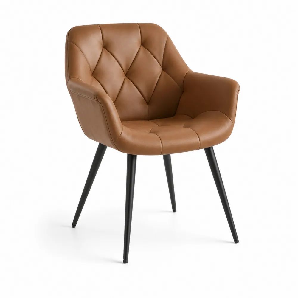 Chaise de salle à manger avec accoudoirs en similicuir marron cognac et pieds en acier noir, 63 × 62 × 81 cm