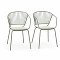 Lot de 2 chaises de salle à manger avec accoudoirs en acier vert sauge et coussins écrus, 56 × 58 × 81 cm
