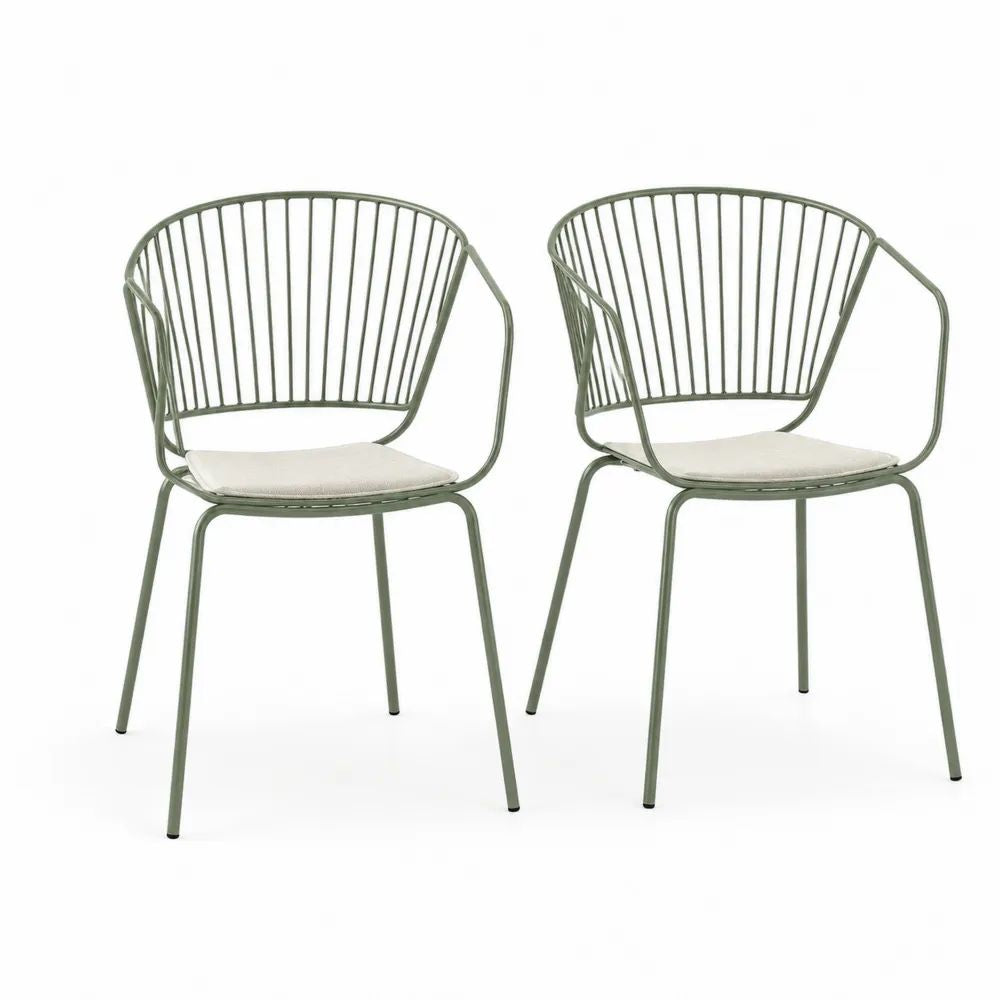 Lot de 2 chaises de salle à manger avec accoudoirs en acier vert sauge et coussins écrus, 56 × 58 × 81 cm