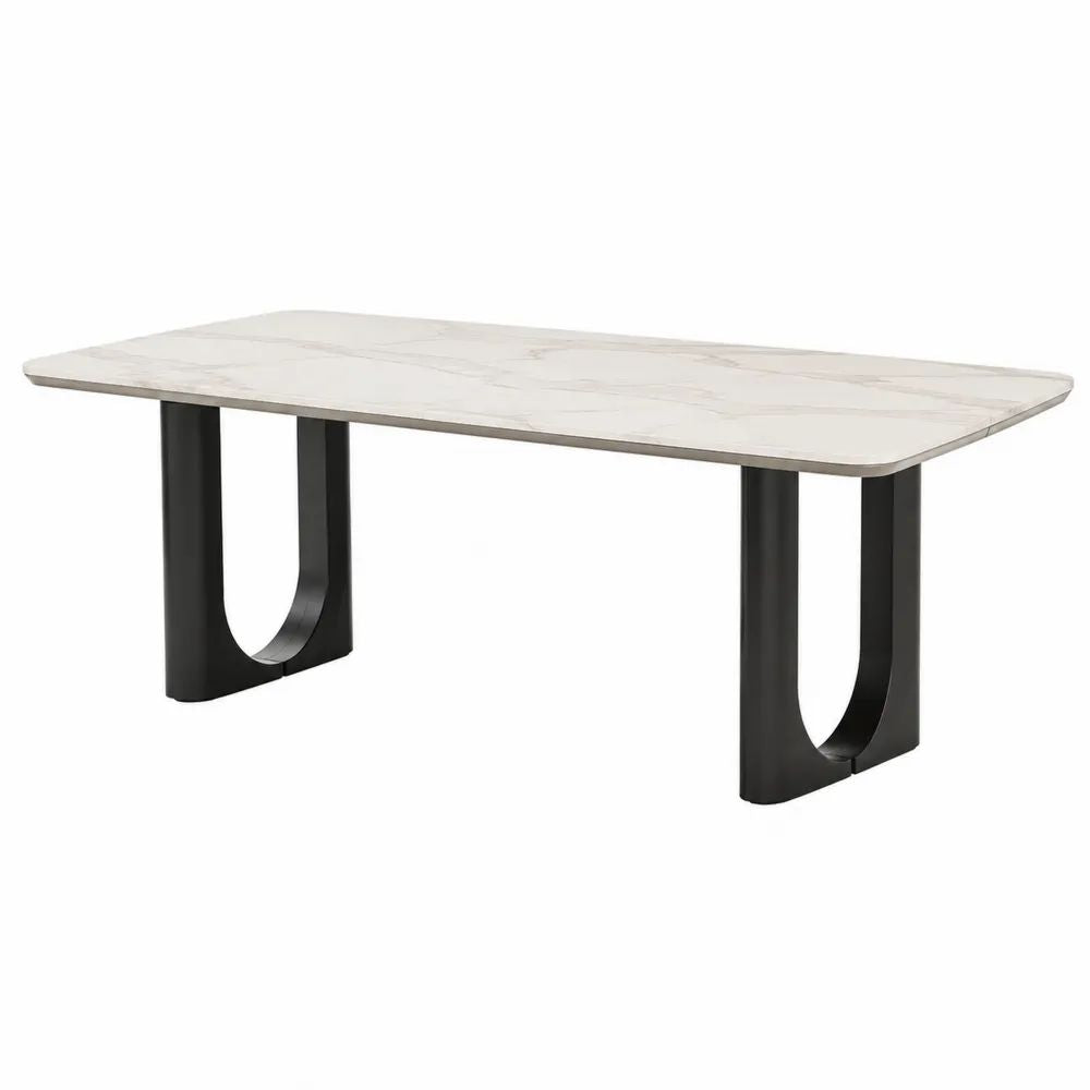 Table à manger rectangulaire en céramique effet marbre blanc et métal noir, 180 × 90 × 76 cm, 6 à 8 places