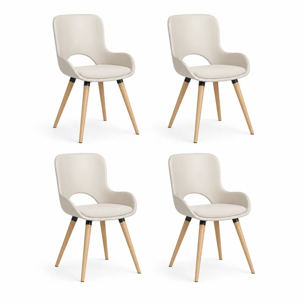 Lot de 4 chaises de salle à manger rembourrées en similicuir PU beige avec accoudoirs et pieds en hêtre massif, 58 × 57 × 83 cm